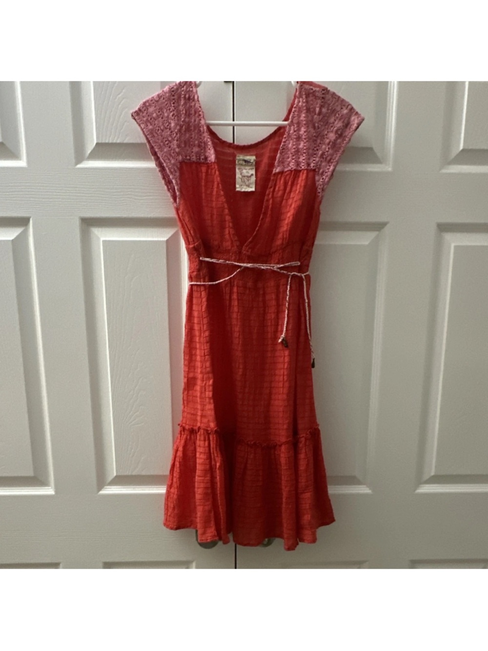 FREE PEOPLE Red Pink Crochet A-Line Y2K Dress VINTAGE Size 10, FITS as MEDIUM